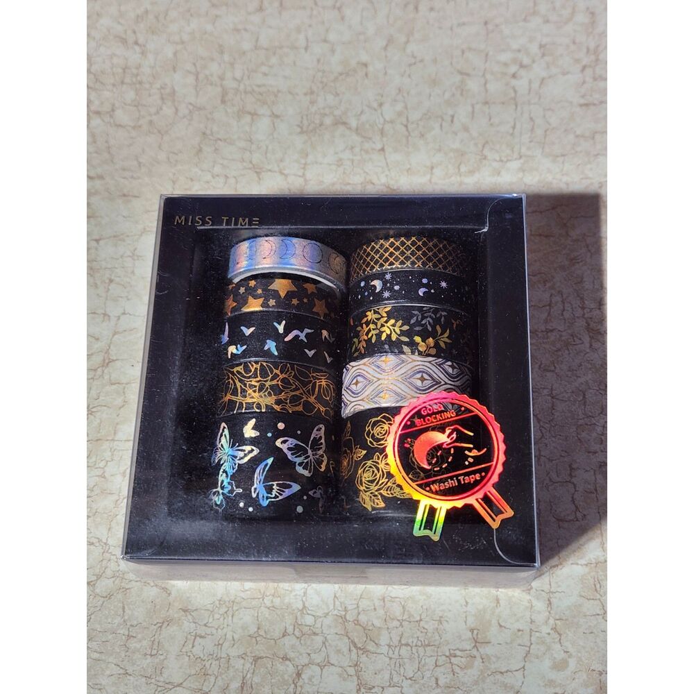 Black Gold Washi Tape Box Whimsy Goth Butterflies Stars Celestial Kawaii